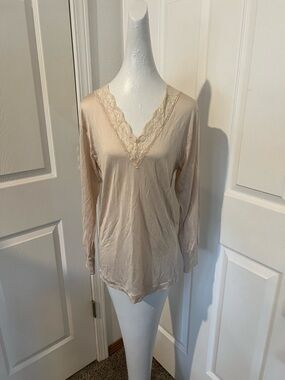 Lace Trim V-Neck silk Long Sleeve pajama- Neutral Beige